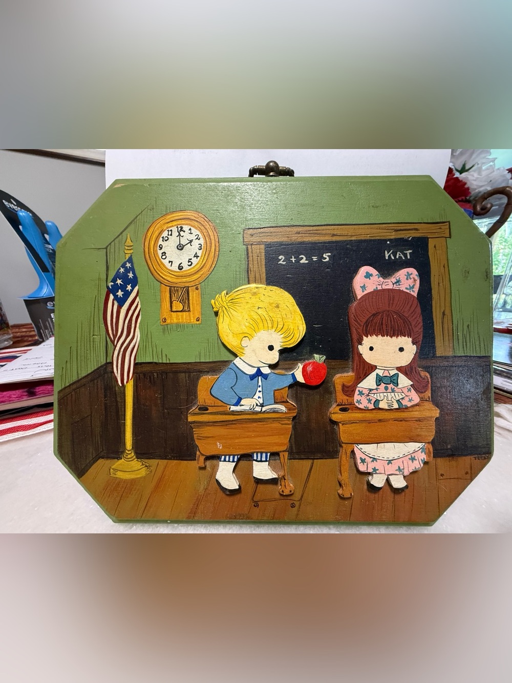 Hand-Painted Vintage Schoolroom Wall Plaque in Green